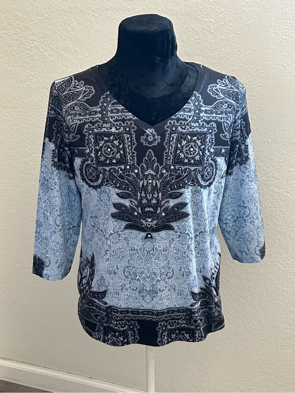 French Blue Petite Large Embellished Paisley V-Neck Blouse